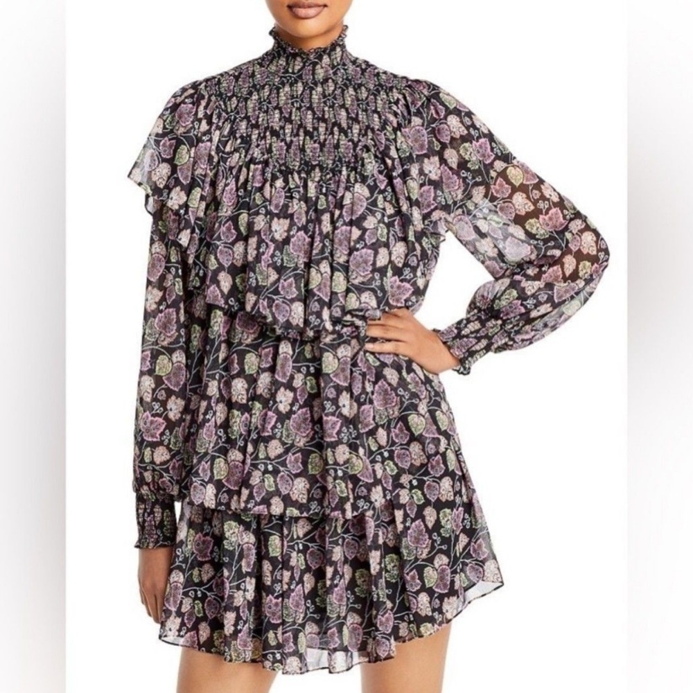 cinq a sept Black Mini Dress with Purple and Green Floral Print